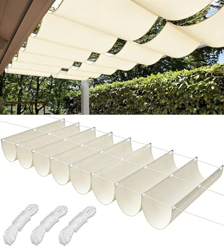 Toldo Vela de Sombra Ondulada Retráctil 2x5m Impermeable Toldos Exterior Protección Rayos UV Resistente al Desgarro para Terraza Balcon Exteriores Jardín con Ojales y Cuerdas Crema