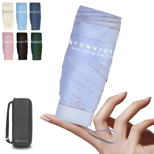 Ponviora Compact Mini Windproof Travel Umbrella-UPF 50+ Sun & Rain Protection, Small Folding Design Fits in Pocket or Purse, Lightweight Portable with Case for Women, Men & Kids (Purple)