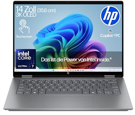 HP OmniBook X Flip Intel Core Ultra 7 256V 2in1 Next Gen AI Laptop | dedizierte NPU für KI | 47 NPU Tops | Copilot+ PC | 14 3K 2880x1800 OLED Touchscreen | 32 GB | 1TB SSD | Win11 | QWERTZ | Silber