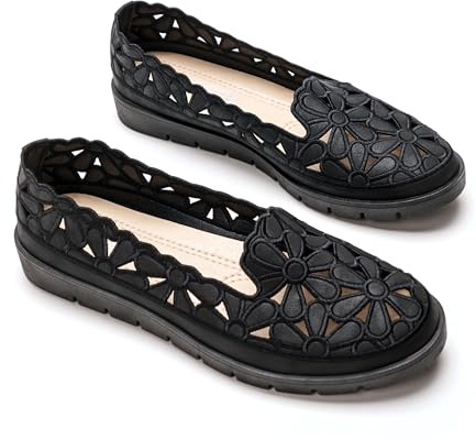 GLAMORA Bailarinas Mujer Caladas Diseño Floral Zapatos Planos Plataforma Ligera Suela Flexible Antideslizante Plantilla Blanda Cómodas Transpirables Calzado Verano negro-38