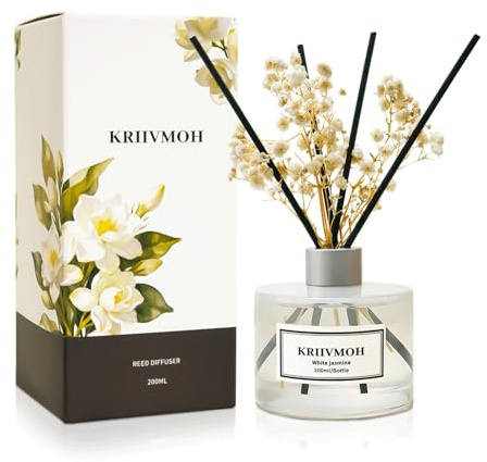 KRIIVMOH Diffuseur Parfum Maison, 200 ML, diffuseur de Parfum au Jasmin Blanc avec 8 bâtonnets Parfum Longue durée pour la Maison, la Salle de Bain, la décoration de la Chambre
