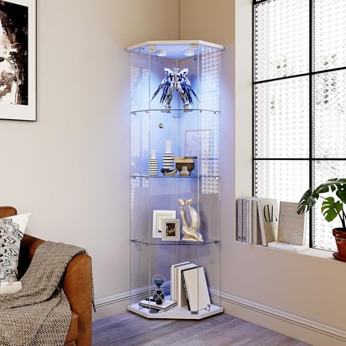 BLSYHDH vitrina de cristal con LED, armario vitrina para colección con 1 puerta 4 estantes transparente mueble vitrinas de cristal estatuilla armario salón bar (LED-B (pentágono), color blanco