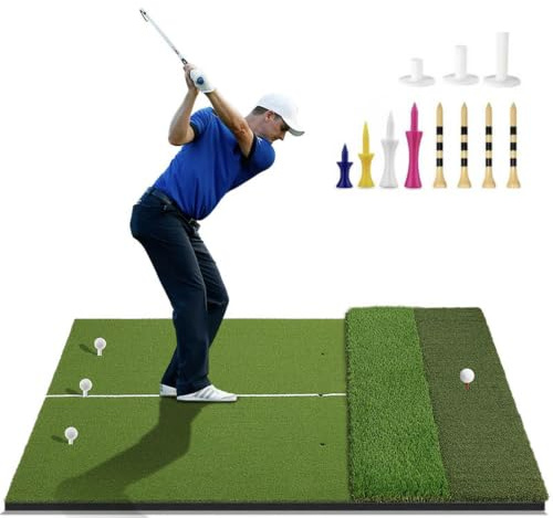 3-in-1 Golf Hitting Mat 117x150cm, Professional Practice Training Mat with Total Thickness up to 50mm, 10mm Shock-Absorbing EVA Base, Multi-Texture Driving/Chipping/Putting Mat with Tees Pack