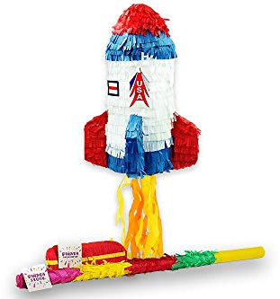 Trendario Pinata Set Rakete, Pinjatta + Stab + Augenmaske, Ideal zum Befüllen mit Süßigkeiten und Geschenken - Piñata für Kindergeburtstag Spiel, Geschenkidee, Party, Hochzeit