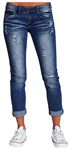 Yivise Jeans da donna strappati fidanzato carino jeans invecchiati gamba dritta pantaloni matita con foro Blu scuro XL