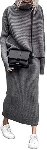 chouyatou Women's Turtleneck 2 Piece Outfits Ribbed Knit Sweater Midi Pencil Skirt Set (Medium, Gray)