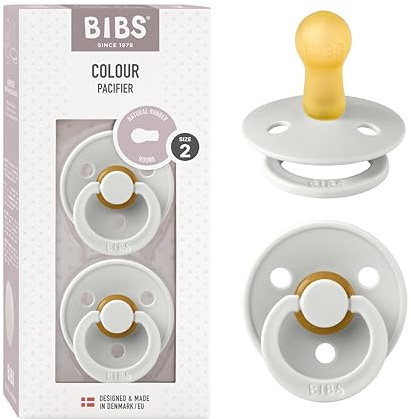 BIBS Colour Soother 2-Pack, BPA Free Dummy Pacifier, Round Nipple. Natural Rubber Latex, Made in Denmark, Size 2 (6-18 Months), Haze