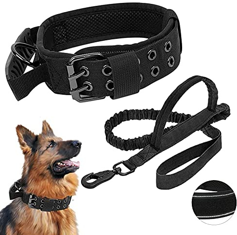WOOLUCK K9 Halsband taktiskt hundhalsband med handtag, reflekterande justerbart hundhalsband med robust metallspänne, militär hundhalsband och koppel set, för medelstora stora hundar, XL