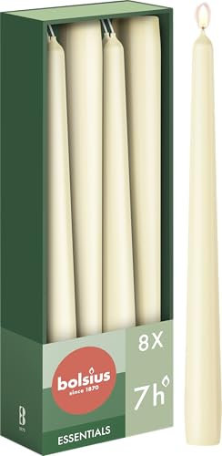 Bolsius Tapered Candles - Ivory - 8-Pack - 24.5 cm - Decorative Household Candles - Burning Time of 7 Hours - Unscented - Includes Natural Vegan Wax - Without Palm Oil