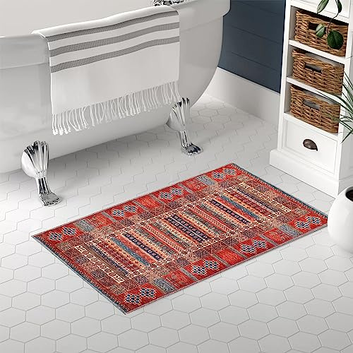 NETLINE HOME Alfombra lavable a máquina para cocina, dormitorio, comedor y sala de estar, apta para mascotas para niños, alfombra de diseño oriental, pelo bajo, antideslizante (rojo multicolor, 60 x