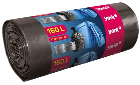 YORK Sacchi della spazzatura neri 160 l (1 rotolo da 10 pezzi) – Sacco della spazzatura 160 litri – Grandi sacchi della spazzatura – Sacchi robusti – Sacchetti della spazzatura 160 l extra forti