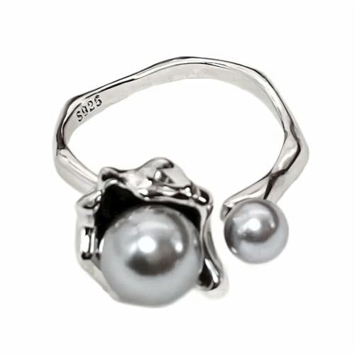NicoWerk Ring Silber 925 Damen - Filigraner verstellbarer Silberring mit Perle, Blumen-Design, Perlenring 925 Silber für Frauen - SRI1057