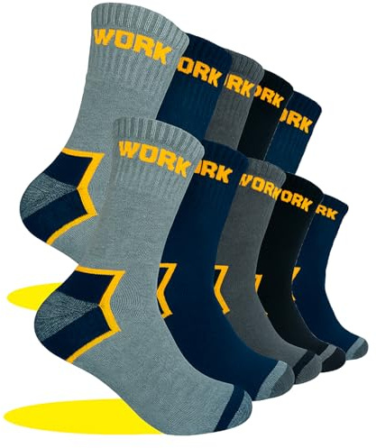 Calcetines Trabajo Hombre Reforzados, Calcetines Acolchados para largas jornadas de Trabajo de Algodón con Talón y Punta Reforzados , Diseño Surtido (FR/ES, Números, 40, 46, Regular, Regular, X5)