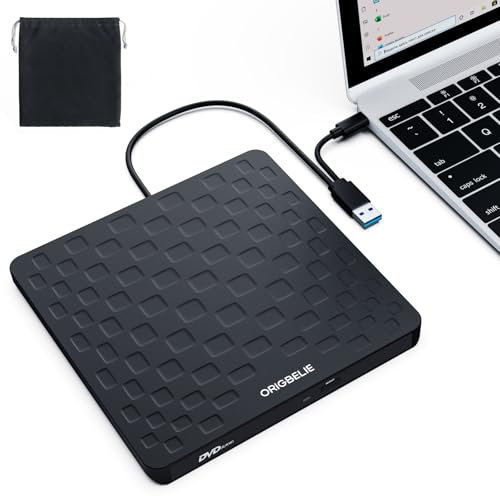ORIGBELIE External CD DVD Drive for Laptop, USB 3.0 Type-C Ultra Slim 13mm DVD Player Portable CD DVD +/-RW Drive CD Burner Reader Writer Recorder for Desktop PC Windows 11/10/8/7 Linux Mac OS (Black)