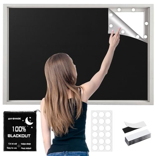 Blackout Blinds Stick On 300x145cm, 100% Blackout Blind Curtain for Window, 420D Fabric Portable Blackout Shades for Travel Temporary, Cut to Any Size, 18*Round adhesive & 12 Loop Tapes