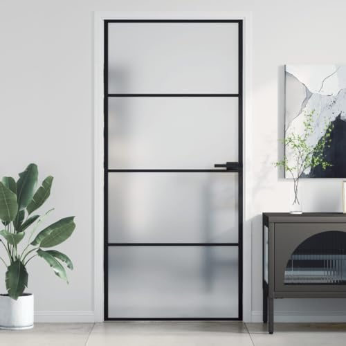 IKAYAA Puerta Interior de Vidrio EGS y Aluminio 93 x 201,5 cm, Puerta de Cristal con Maneta Puerta, Puerta Interior Moderna, Sólido y Seguro, Negro y Mate