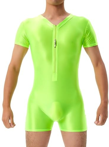 Ausing Men's bodycon suit, sports bodysuit, bodysuit, shapewear, men's bodysuit, shiny jumpsuit, men's dance leotard, short-sleeved bodysuit, neon green, M