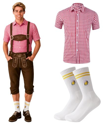 YYSWSAKY Completo Oktoberfest da Uomo, Camicia Tradizionale e Calzini, Camicia Tradizionale da Uomo, Calzini da Birra (Red, XL)