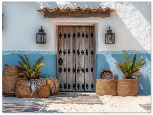 MuchoWow© Decoracion Pared Exterior 160x120 cm Posters Decorativos Jardin Terraza Balcon Wall Decoration Decoración Patio Póster De Jardín Puerta - Cestas - Plantas