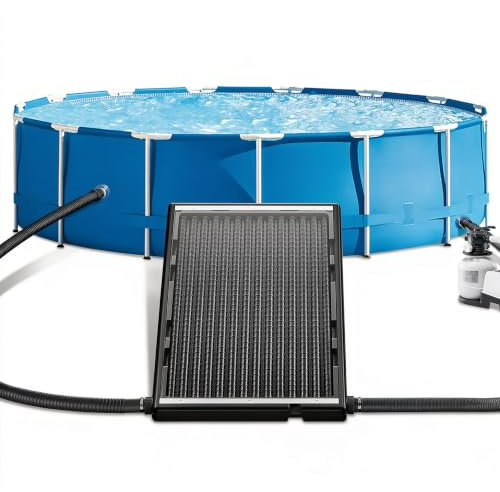 UISEBRT Solar Pool Heater - Calentador solar de plástico resistente a los rayos UV con placa de protección contra el polvo y las hojas, 111,5 x 66 x 6,5 cm, patas de aluminio, colector solar para