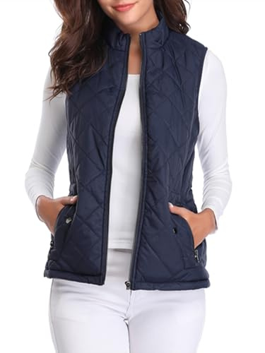 Fuinloth Women's Quilted Vest, Stand Collar Lightweight Zip Padded Gilet Dark Blue S