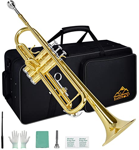 EASTROCK Bb Trumpet Standard Trumpet Set with Carrying Case,Gloves, 7C Mouthpiece and Cleaning Kit (Gold)