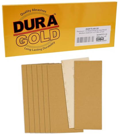 Dura-Gold Premium 1/3 Sheet Gold Sandpaper Sheets, 80 Grit (Box of 20) - 3-2/3 x 9 Size Hook & Loop Backing, Wood Furniture Woodworking, Auto Paint - Jitterbug Sanders, Clip-On, Hand Sanding Blocks