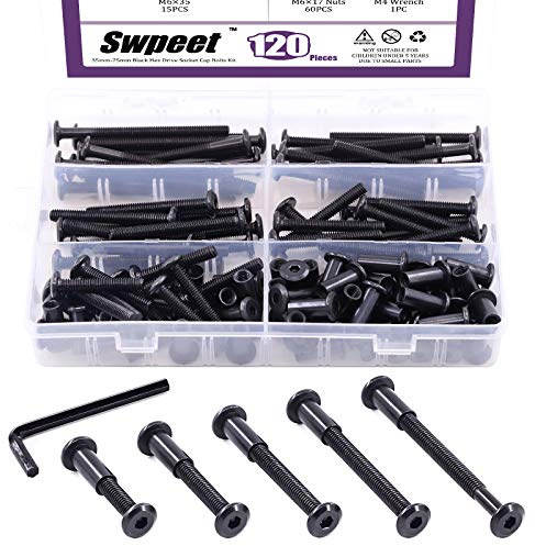 Swpeet 120Pcs M6x35mm/45mm/55mm/65mm/75mm Carbon Steel Black Hex Drive Socket Cap Bolts Barrel Nuts Kit with 1Pcs Allen Wrench, Screw Post Fit for Furniture Countsunk Belt Buckle Leather Binding Bolts