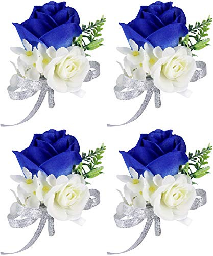 ChezMax Rose Boutonniere Handmade Flower Artificial Corsage with Clip and Ribbon 4 PCS for Bride Groom Wedding Prom Party
