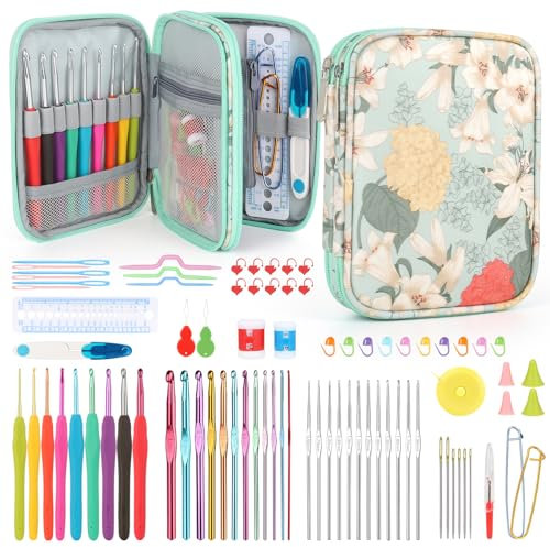 Katech 85 Stück Häkelnadel Set Ergonomische Häkelnadeln Set, Inklusive Bunte Häkelnadeln mit Weicher Griff, Spitze Häkelnadel Häkelzubehör & Tragbar Tasche, Häkelset für Anfänger oder Profis (Grün)