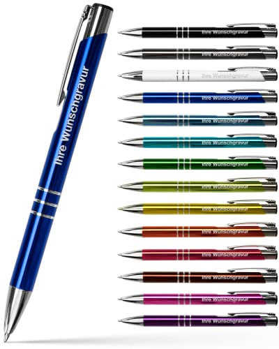 #teamludorf 25x Metall-Kugelschreiber mit Wunsch-Gravur - Personalisierte Kulis - Stift mit Namen - 14 Farben & 20 Schriftarten - 25 Stück - Blau