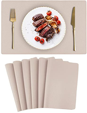 Toprance Platzsets Lederoptik 6er Set Beige Abwischbar, Hitzbeständig Tischset PU Leder Platzdecken Wasserdicht 42x30cm für Hause Küche Restaurant und Hotel