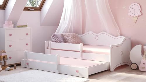 Dmora Singolo per Bambini, Divano Letto con Secondo Estraibile, Lettino con Decorazione con Protezione anticaduta, cm 164x88h70, Colore Bianco e Rosa, Legno