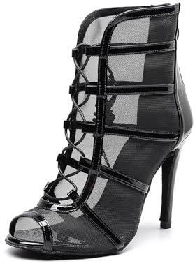 YKXLM Stivali da Ballo Latino Americano Donna con Punta Aperta con Tacco con Lacci Scarpe da Ballo Donna,8.5cm,Nero,40.5EU