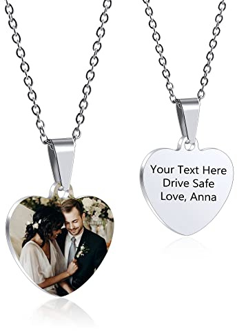 OTXIXTO Colgante de Corazón Personalizado para Mujer Grabado Nombre/Texto/Fecha Collar con Foto en Color para Parejas Acero Inoxidable Amantes Joyería Regalos de Dama de Honor(Plata 25