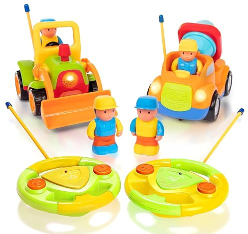 PREXTEX 2 Pack Remote Control Cars for 3-5 Year Old Boys - Truck and Tractor Toddler Toys with Easy Controllers - Sound and Light Play Features - Fun Birthday Gift Toy for Kids