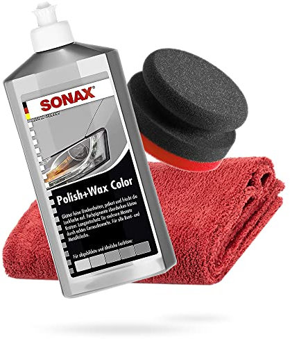 detailmate SONAX Hand Polier Bundle - SONAX Polish+Wax Color Silber/grau 500ml Handpolierschwamm hart Ø90/50mm Edgeless Mikrofaser Poliertuch 550GSM rot