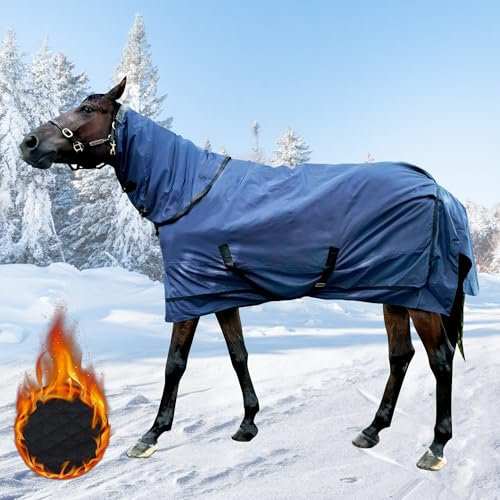 Couverture de pluie imperméable pour cheval, couverture d'hiver lourde (garnissage 400 g) avec couvre-cou, drap de pluie pour cheval – Bleu – 182,9 cm