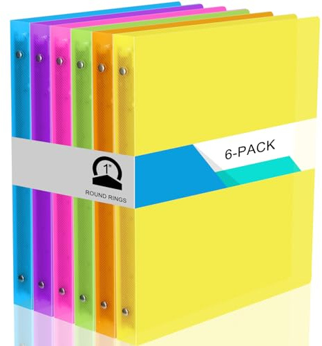 Fulmoon 6 Pack Plastic 3 Ring Binder Assorted Colors Economy Flexible Round Ring Presentation Binders with Pocket for Office School Meeting(1 Inch,Neon Colors)