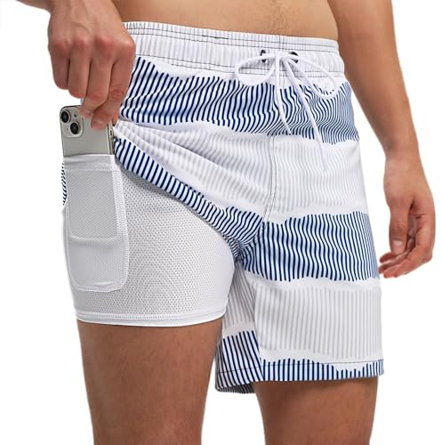 Aisprts Badshorts för män, badbyxor med kompressionsfoder, 2-i-1, snabbtorkande, stretchiga badshorts för män, med 2 fickor och dragkedja