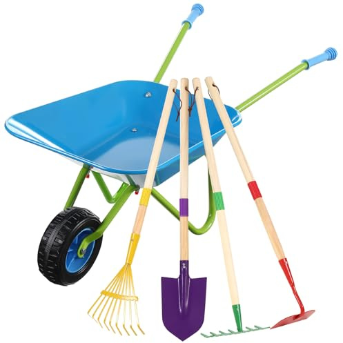 DaisyInner 5 Pcs Kids Gardening Tool Set Include Kids Wheelbarrow Metal Small Toddler Wheelbarrow Wagon with 4 Piece Kids Shovel, Rake, Hoe, Leaf Rake Wooden Gardening Tools for Boys and Girls