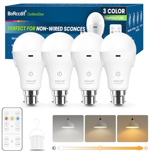 BoRccdit CordlessGlow Rechargeable Light Bulb B22, Dimmable & 3-Color Modes with Remote,15W LED 60W Equivalent, 2000mAh USB Charge Battery Up to 24H, No Wiring for Power Cuts, Camping, Closets, 4-Pack