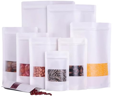 Bolsa Kraft con Ventana, Bolsas Papel con Ventana, Bolsas Hermeticas, Aplicables para Nueces, Dulces, Hojas de Té, Especias etc. Blanco 9x14cm 100Piezas