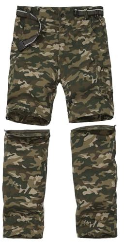 FLYGAGA Pantaloni da trekking per bambini, con cerniera, per attività all'aria aperta, con gambe rimovibili, ad asciugatura rapida, estivi, con cintura, traspiranti, Verde mimetico, L