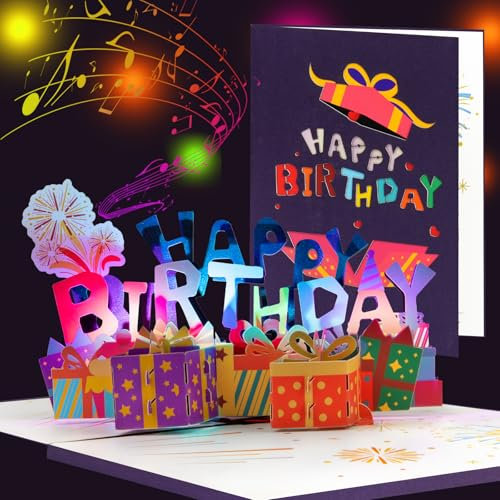 Magic Ants Pop-up Geburtstagskarte mit Musik und Licht, Bunte Happy Birthday Karte mit Geschenkboxen und Feuerwerk, Geschenk für Frauen, Kinder und Familie, Inkl. Umschlag und Blanko-Grußkarte