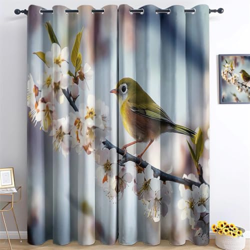 CurtainCurtains Native Style Apricot Tree And Birds Thermal Insulated Eyelet Curtains for Bedroom and Living Room W 29.5 x L 65 (2 Panels) White Printed Pattern for Bedroom one pair