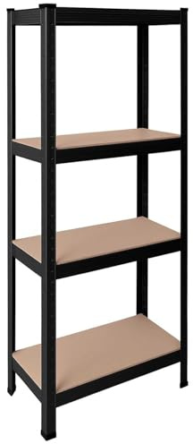 OcioDual Schwerlastregal Schwarz Tiny, Haushaltsregal, Kellerregal, Standregal, Metallregal, 150x60x30cm, Regal Keller, Regale für Kellerraum, Küchen Organizer Regal, 240kg, 4 MDF-Regale