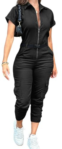 CHICME Women's Short Sleeve Jumpsuit Turn Down Collar Casual Zip Up Jumpsuits Pocket Design Cargo Romper-bk-L