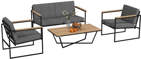Outsunny Gartenmöbel Set 4 Personen wetterfest Balkonmöbel-Set mit 2er Sofa, 2 Stühle Sitzkissen Beistelltisch Outdoor Sitzgruppe Terrassenmöbel Gartengarnitur für Garten Terrasse Balkon Grau