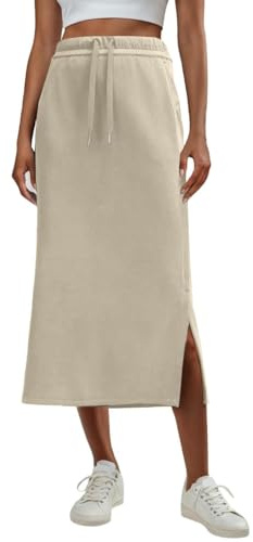 GRECERELLE Women's Maxi Skirt Elasticated Waisted Drawstring with Pockets - Long Thick Warm Skirts for Autumn and Winter; Side-Slit Hem; UK Sizes 8 to 24